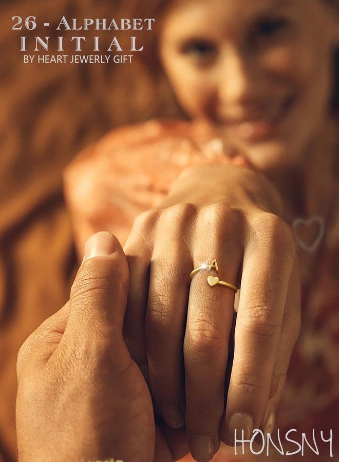 Honsny Gold Initial Rings for Women Non Tarnish 18K Gold Plated Heart Initial Stackable Rings Adjustable Pinky Rings for Women Cute Dainty Alphabet Capital Letter Rings Jewerly Gift - Image 3